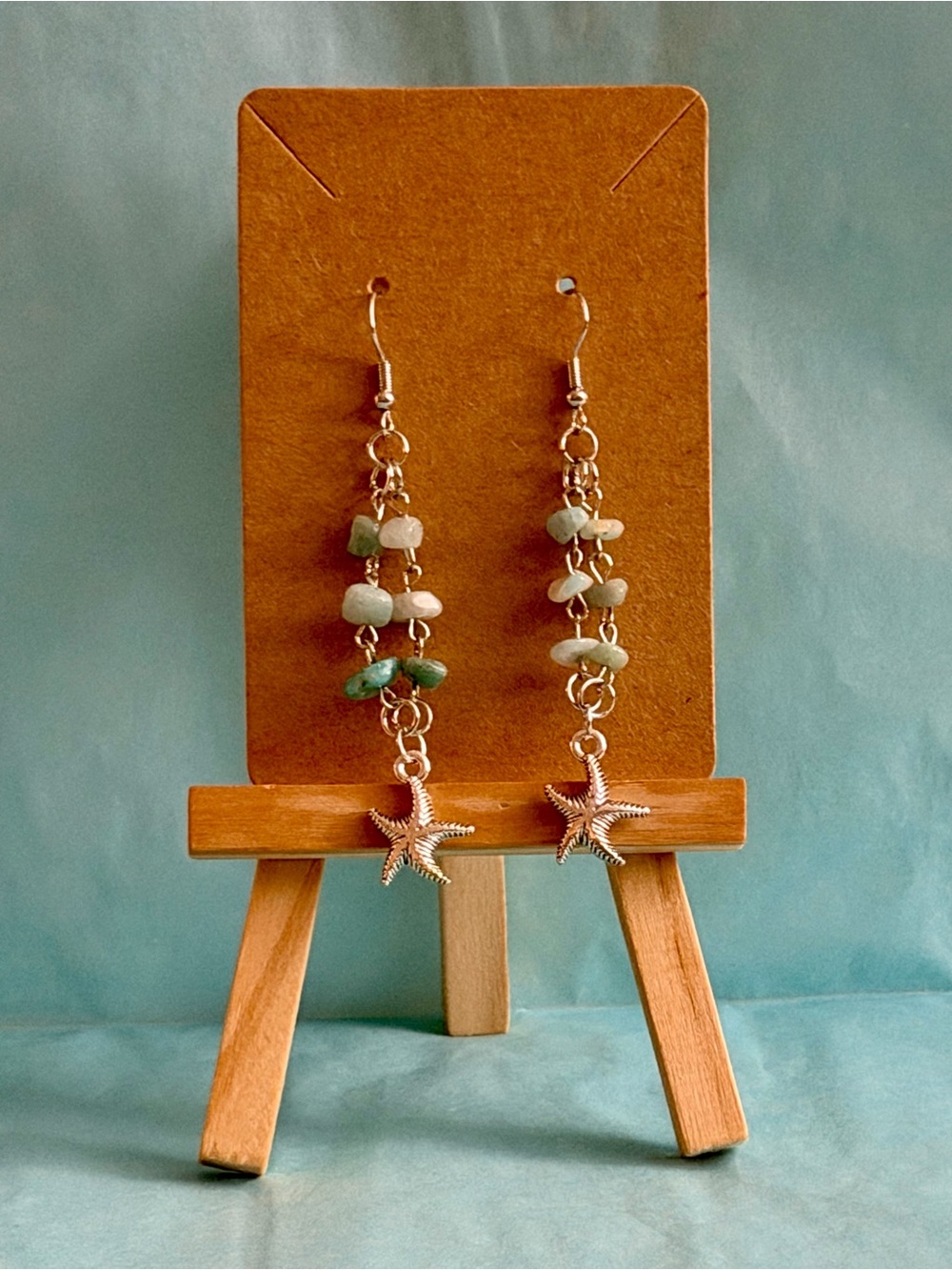 Hand-assembled Green Glass Starfish Dangle Earrings